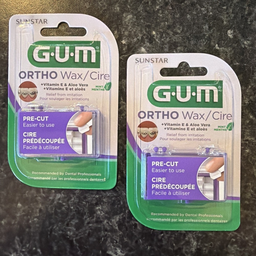 x2) GUM ORTHO WAX w/Vitamin E & Aloe Mint Precut Wax